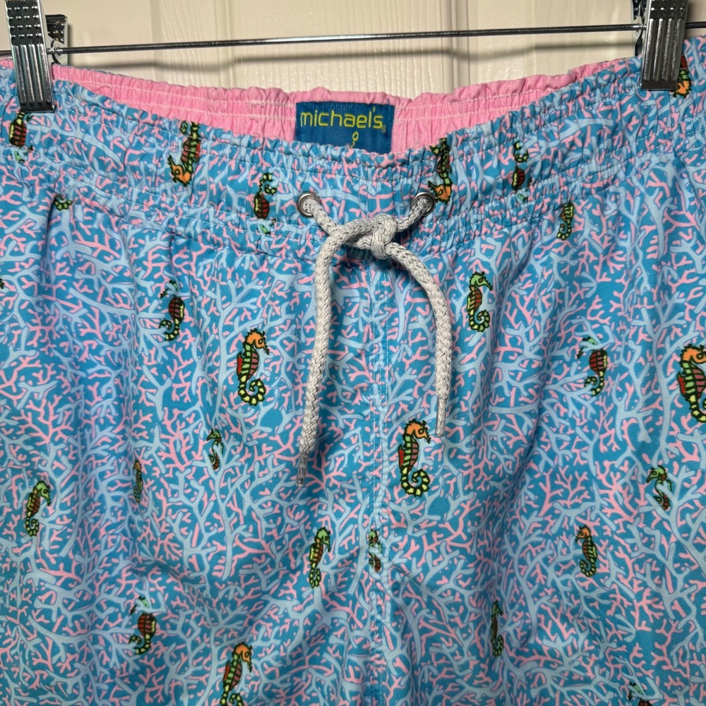 Michaels Mens Swim Trunks Shorts Seahorse Coral Print Blue Pink‎ Size M USA